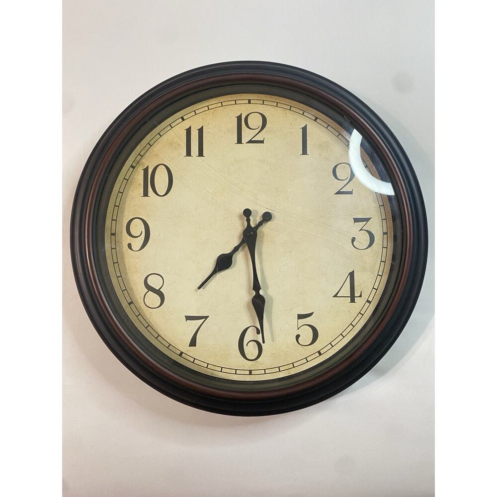 Large Round Wall Clock Vintage Style Brown Wood Frame 12 Quartz Analog Farmhouse